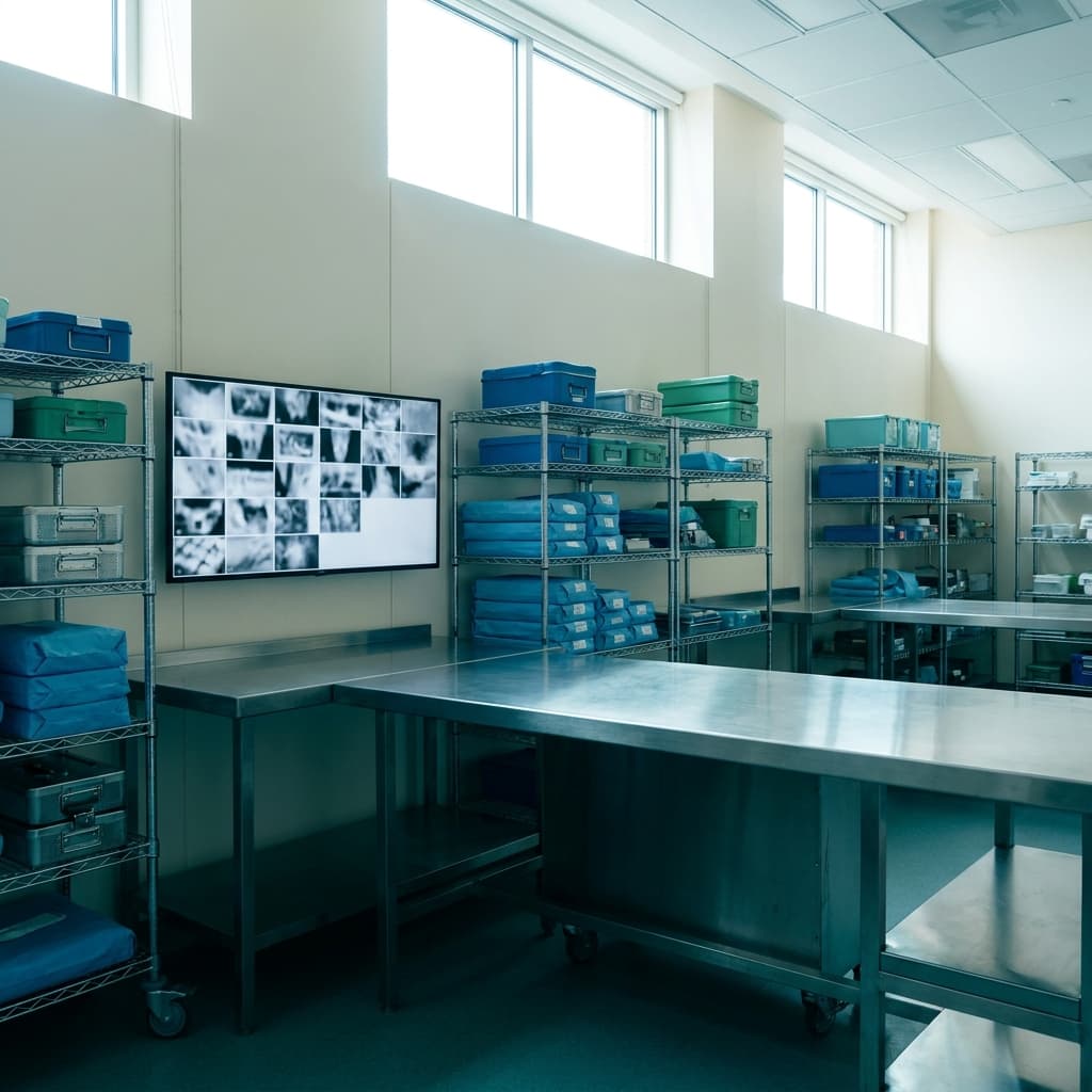 Demonstration image of a sterile services packing room, with benches, shelved containers and a screen showing a grid of instrument thumbnails.