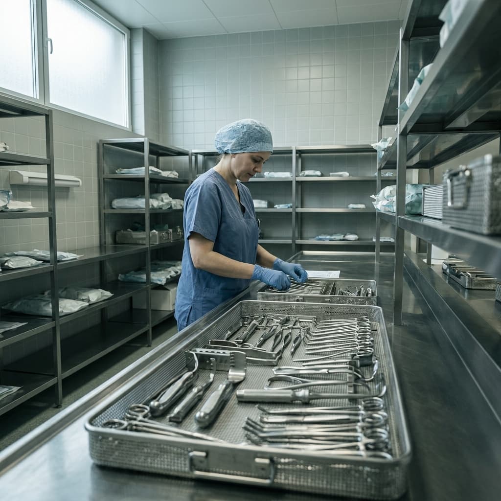 Demonstration image of a technician checking a large orthopaedic instrument tray at the bench in a sterile services department.